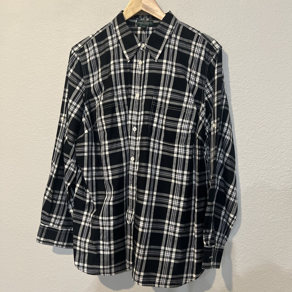 LRL‎ Laurnen Ralph Lauren 1X Womens BLACK/WHITE Plaid Long Sleeve Shirt